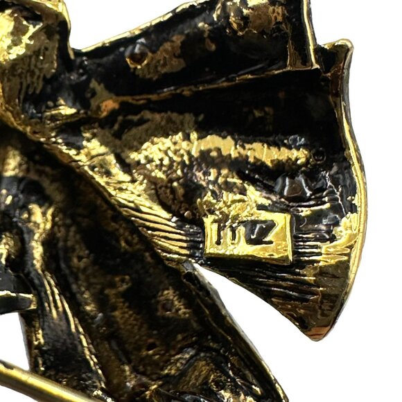 Wreath Brooch Pin With Green Rhinestones Bronze Bow Holiday Jewelry Lapel - Picture 13 of 16